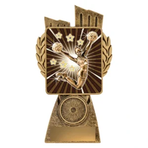 Small cheerleading trophy with cheerleader holding pom poms, starburst background, and gold engraving plate on base.