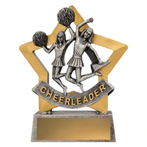 Cheerleading trophy with two cheerleaders holding pom poms in front of gold star design with engraving plate on base