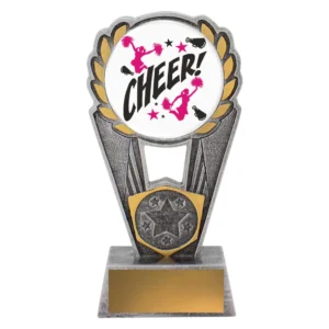 Small cheerleading trophy with silver and gold laurel wreath design, centre logo insert, and gold engraving plate on base.