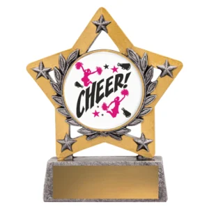 Cheerleading trophy with gold star design, laurel wreath detail, centre logo insert, and engraving plate on base.