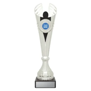 Medium classic laurel trophy cup in silver with black centre panel and logo insert, cut-out top design, and black base with engraving plate
