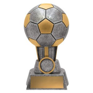Two tone classic soccer ball trophy with textured finish and gold detail on solid base