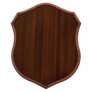 Medium walnut finish shield shaped timber plaque suitable for custom engraving, metal plates or honour board displays.