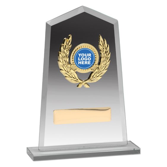 Medium clear acrylic award plaque with gold wreath emblem and insert centre, mounted on a matching acrylic base with space for custom engraving plate.