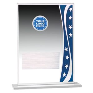 Clear acrylic corporate award with blue star side panel, logo insert and brushed engraving plate on solid base