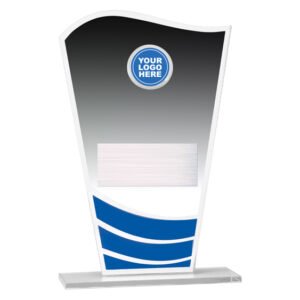 Clear acrylic corporate award with blue wave detail, logo insert and brushed engraving plate on solid base