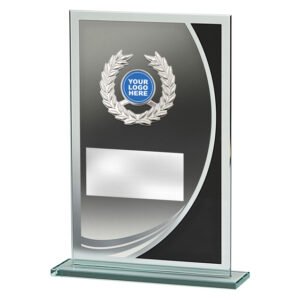 Small clear glass award on a glass base featuring black side panel with curved silver accent, silver laurel insert space and brushed silver engraving plate for custom text.