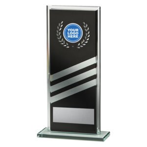 Clear glass award mounted on a glass base with black centre panel, silver stripe accents and laurel insert space above a brushed silver engraving plate.