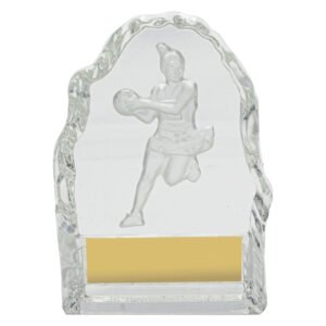 Clear glass netball player award plaque with etched figure and blank gold engraving plate