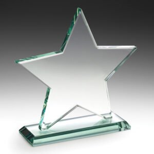 Clear glass star corporate award with frosted engraving panel and bevelled edges on solid glass base