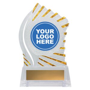 Clear and gold acrylic crest trophy with circular logo insert holder and engraved name plate