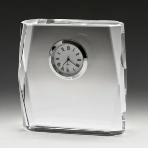 Clear crystal desk clock with angled edges and inset round face with roman numerals