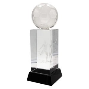 Clear crystal soccer ball award mounted on rectangular crystal column with black base.