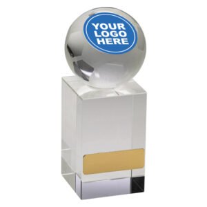 Clear crystal soccer ball award with centre logo insert mounted on rectangular crystal column and front engraving plate.