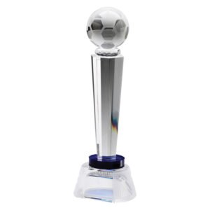 small clear crystal soccer ball mounted on tall faceted crystal column with round base.