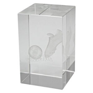 Clear crystal block award with etched soccer boot and ball design.