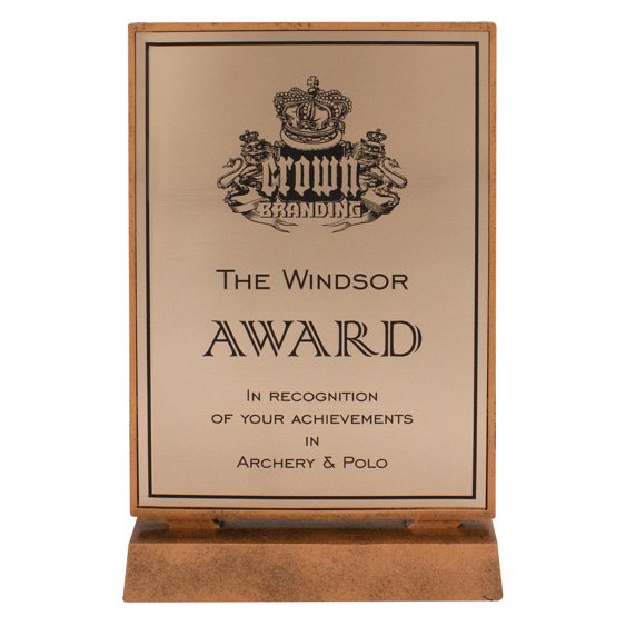 Bronze engraved glass plaque award on display stand with printed recognition text