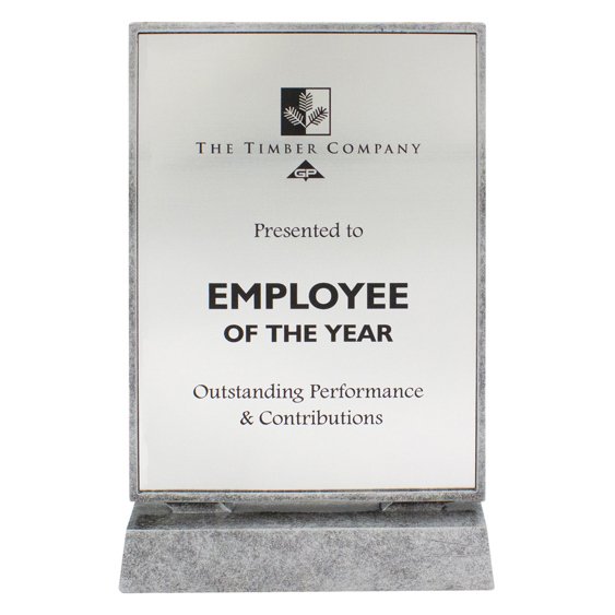 Silver engraved glass plaque award on display stand with printed recognition text