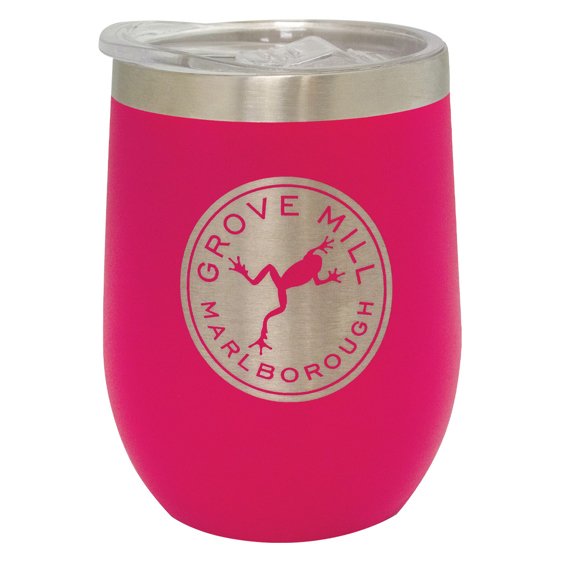 Pink insulated stainless steel wine tumbler with clear lid and custom engraving on front.