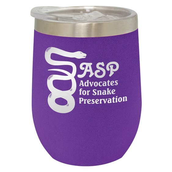 Purple insulated stainless steel wine tumbler with clear lid and custom engraving on front.
