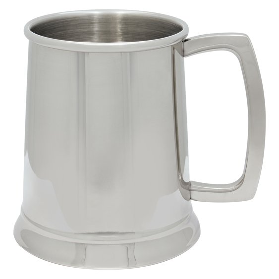 Stainless steel tankard mug with handle and polished finish.