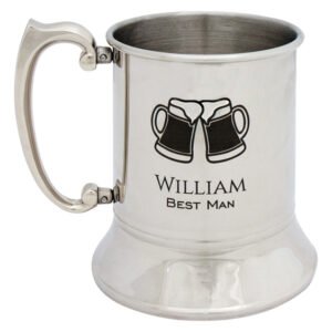Stainless steel tankard mug with handle and engraved clinking beer mugs icon with name and best man text on front.