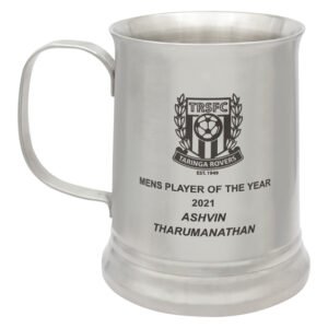 Stainless steel tankard mug with handle and custom engraved soccer club crest, laurel leaves, and player of the year text on front.