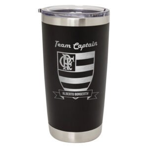 Black insulated travel tumbler with stainless steel rim and base, clear lid, and custom engraving on front.