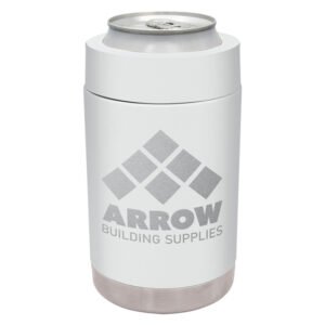 White insulated can holder with stainless steel base and custom printed logo on front.