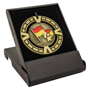 Custom medallion displayed in black presentation case with velvet insert