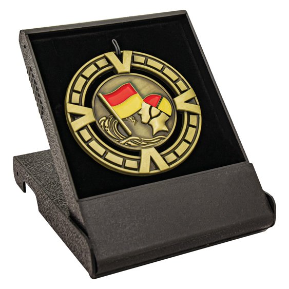 Custom medallion displayed in black presentation case with velvet insert