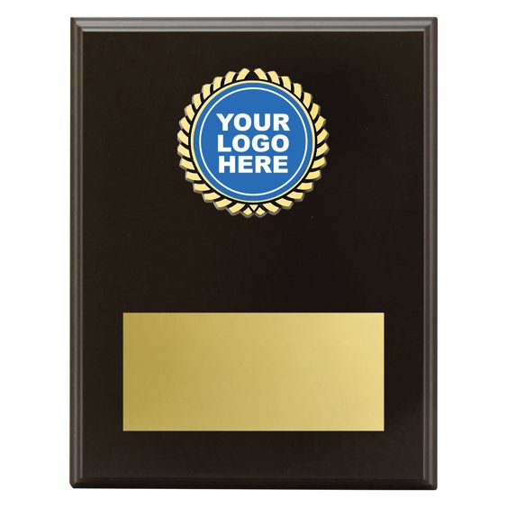 Extra large dark timber award plaque featuring gold rosette insert with centre logo space and large gold engraving plate for custom text.