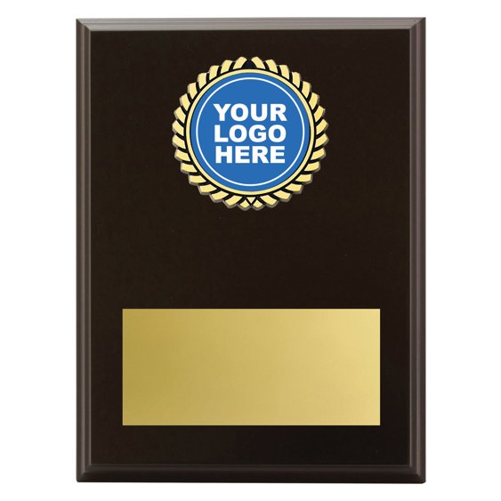 Large dark timber award plaque featuring gold rosette insert with centre logo space and large gold engraving plate for custom text.