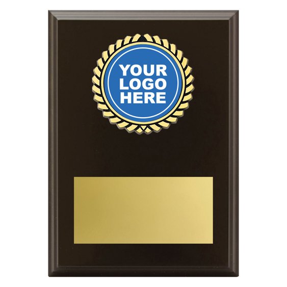 Medium dark timber award plaque featuring gold rosette insert with centre logo space and large gold engraving plate for custom text.