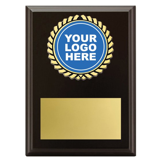 Small dark timber award plaque featuring gold rosette insert with centre logo space and large gold engraving plate for custom text.