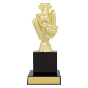 Medium drama theatre column trophy with comedy and tragedy masks on black base with engraved name plate