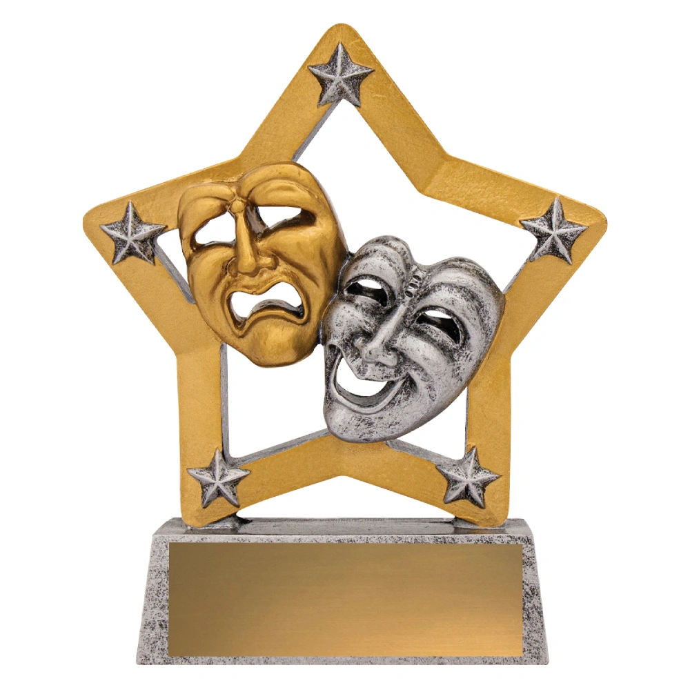 Drama theatre trophy with comedy and tragedy masks inside gold star frame on silver base