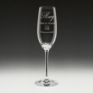 Engraved champagne flute with personalised wedding text and name detail