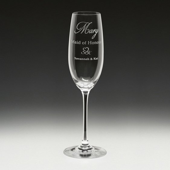 Engraved champagne flute with personalised wedding text and name detail