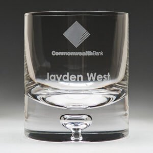 Engraved heavy base whisky glass with corporate logo and personalised name engraving