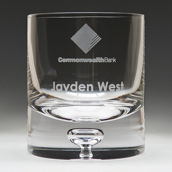 Engraved heavy base whisky glass with corporate logo and personalised name engraving