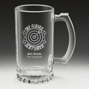 Engraved glass beer mug with darts team logo and personalised name