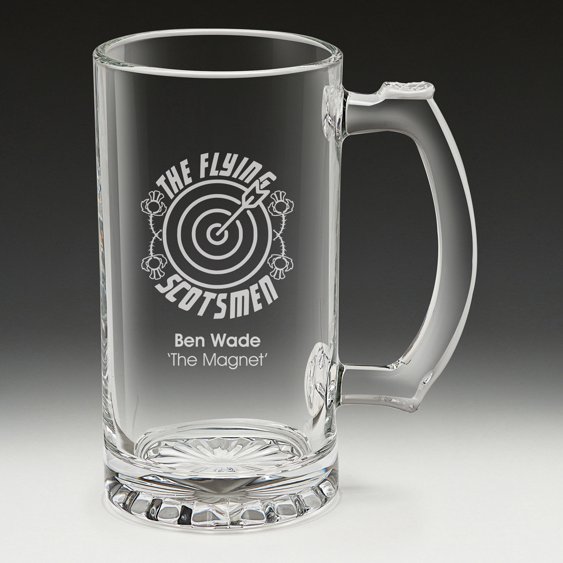 Engraved glass beer mug with darts team logo and personalised name