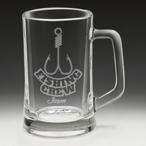 Engraved glass beer mug with fishing crew design and personalised name