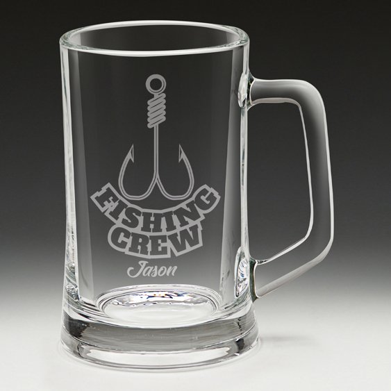 Engraved glass beer mug with fishing crew design and personalised name