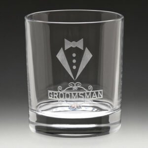 Engraved whisky glass with tuxedo design and groomsman text