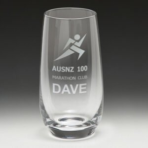 Engraved stemless glass with AUSNZ 100 Marathon Club and runner icon design
