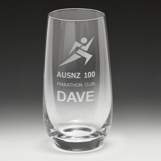 Engraved stemless glass with AUSNZ 100 Marathon Club and runner icon design