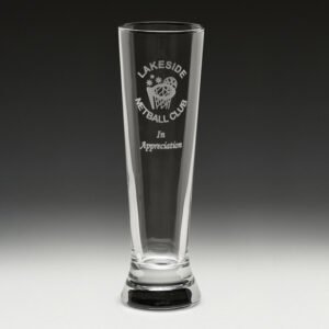 Engraved pilsner glass with netball club logo and appreciation message
