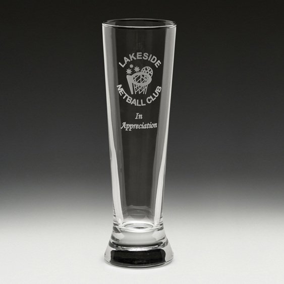 Engraved pilsner glass with netball club logo and appreciation message
